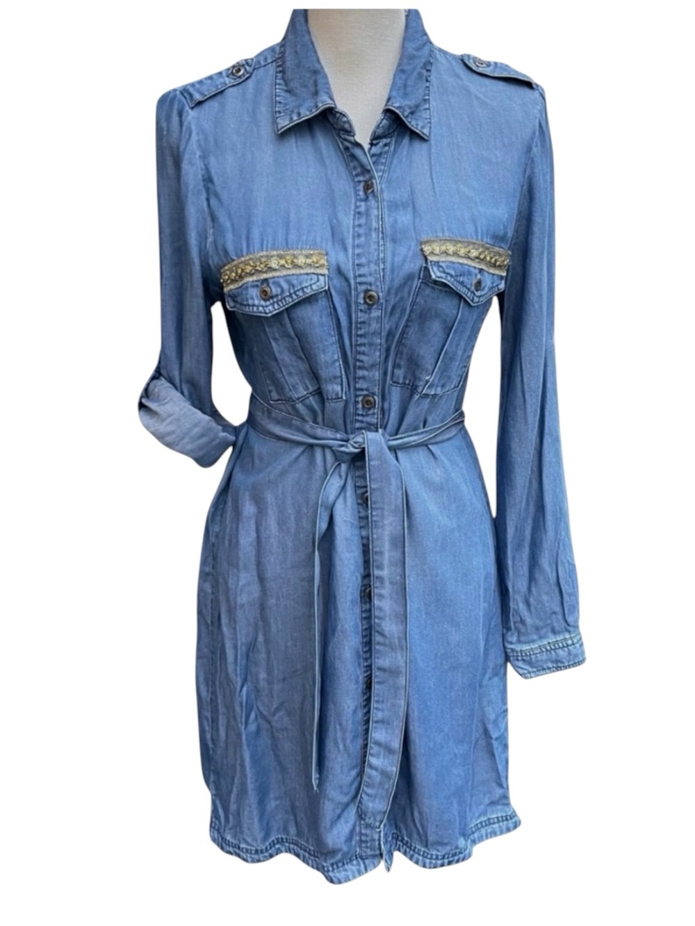 Max Jeans Tencel Denim Button Front Pocket Applique Belted Shirt Dress (M)